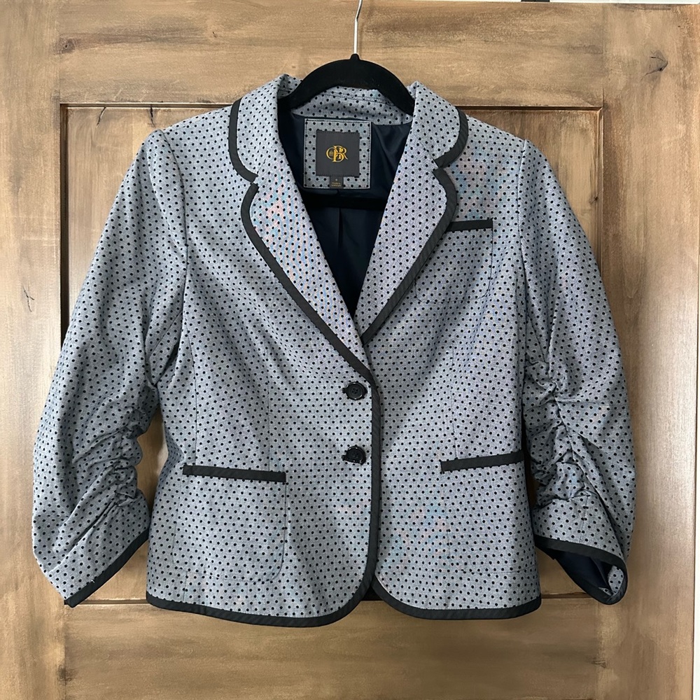 CBR blue cotton polka dot long ruched sleeve blazer